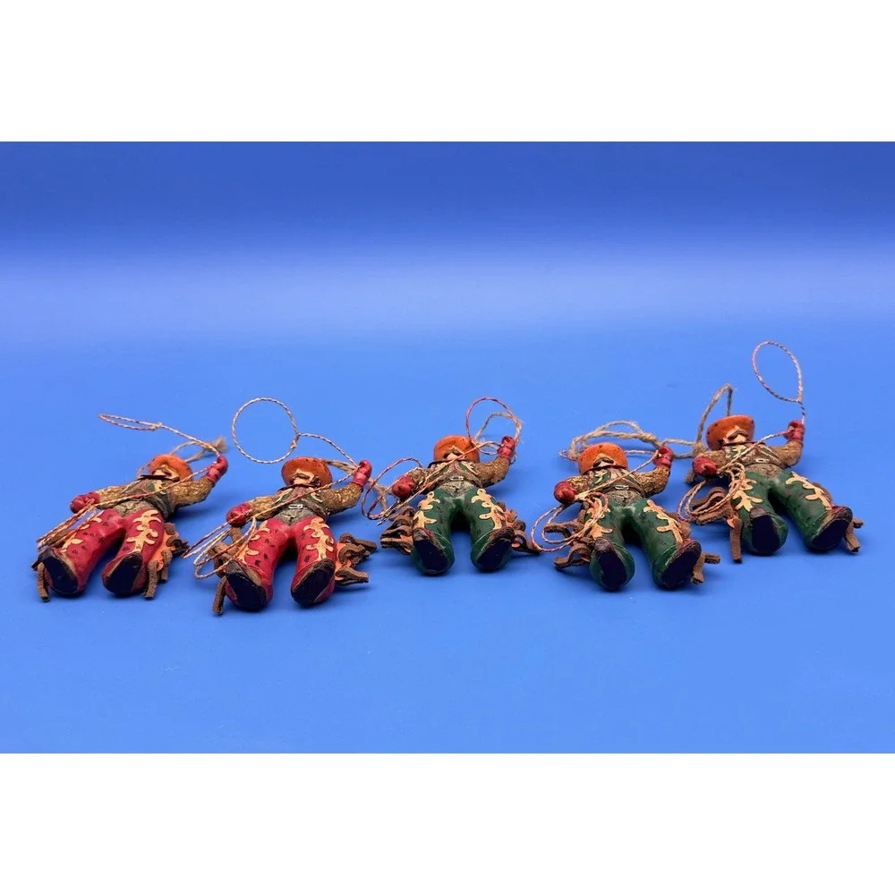 Vintage Cowboy Christmas Ornaments Set 5 Western Rodeo Lasso Suede Chaps